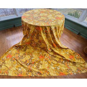 Vintage 70s flat sheet, orange, brown, yellow flowers, queen size, Pepperell
